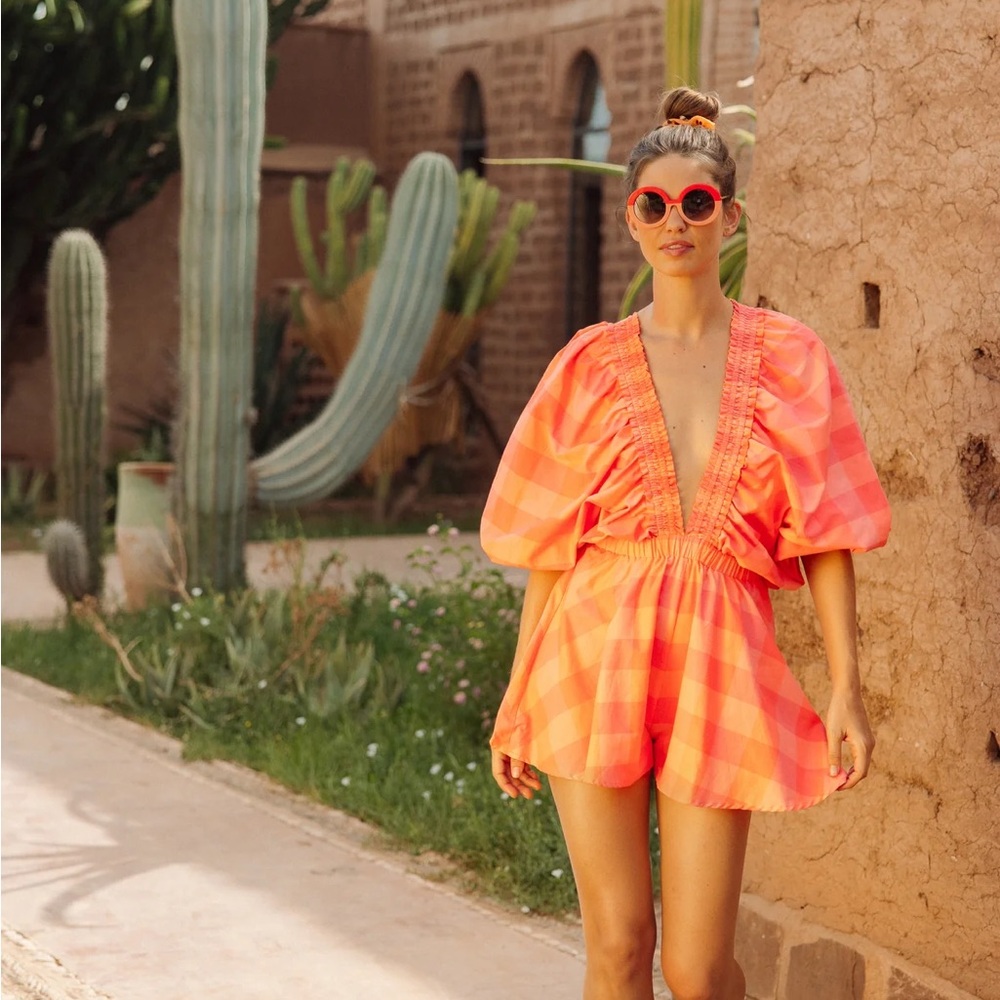STAUD Orange Checkered V-Neck Dress